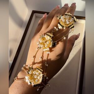 Gold Pearl Floral Handmade Hand Chain Bracelet Modern Indian Jewellery